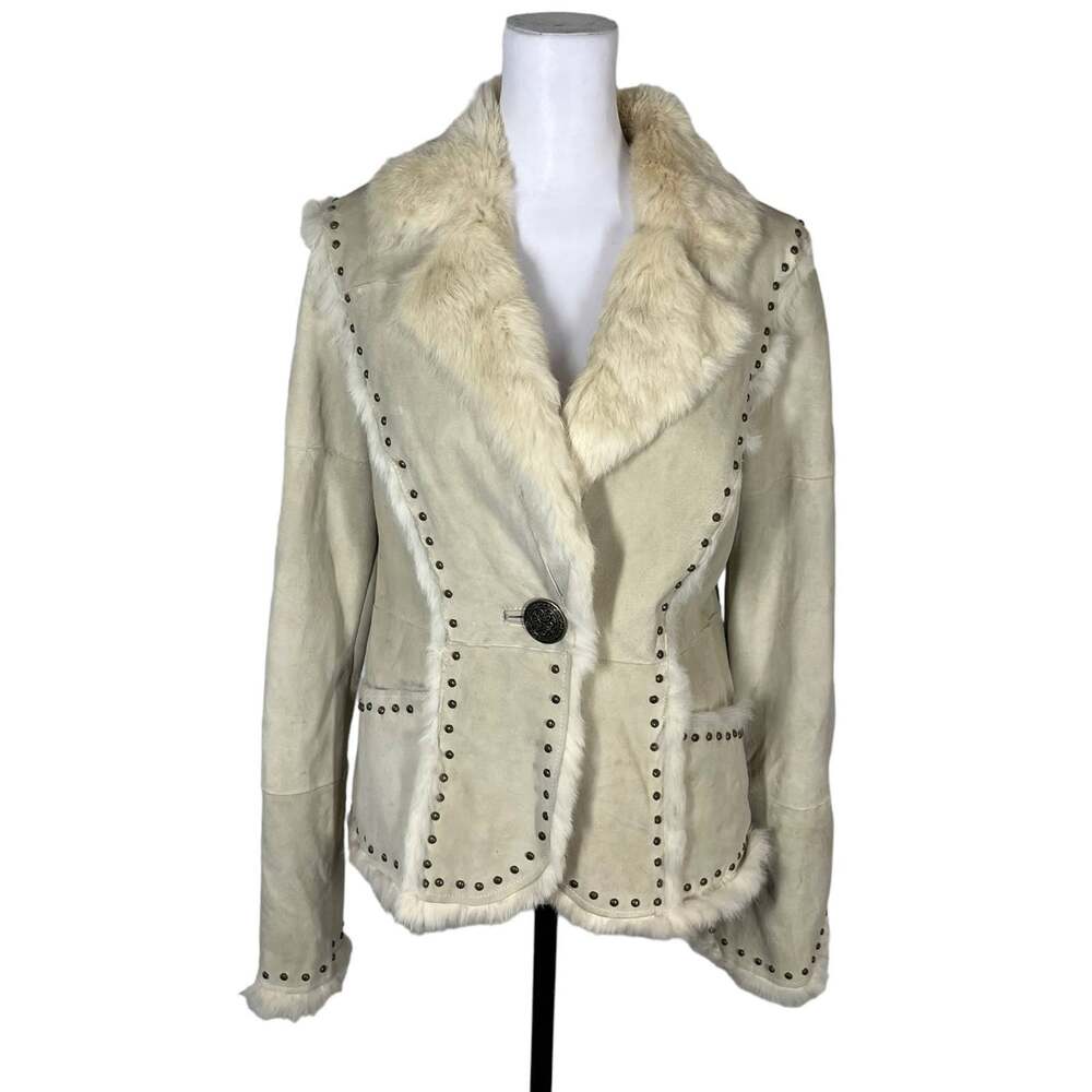 Luxe Arden B White 100% Rabbit Fur Suede Stud Jacket Size Large